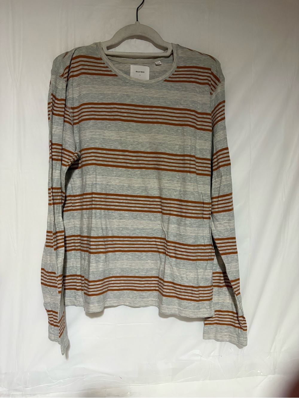 Billy Reid Heather Gray Tee with Rust Stripes